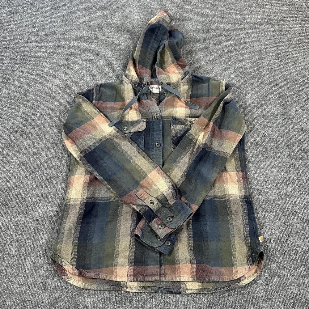 Carhartt Plaid Hooded Flannel Henley Shirt Youth Small 4/6 Multicolor Excellent